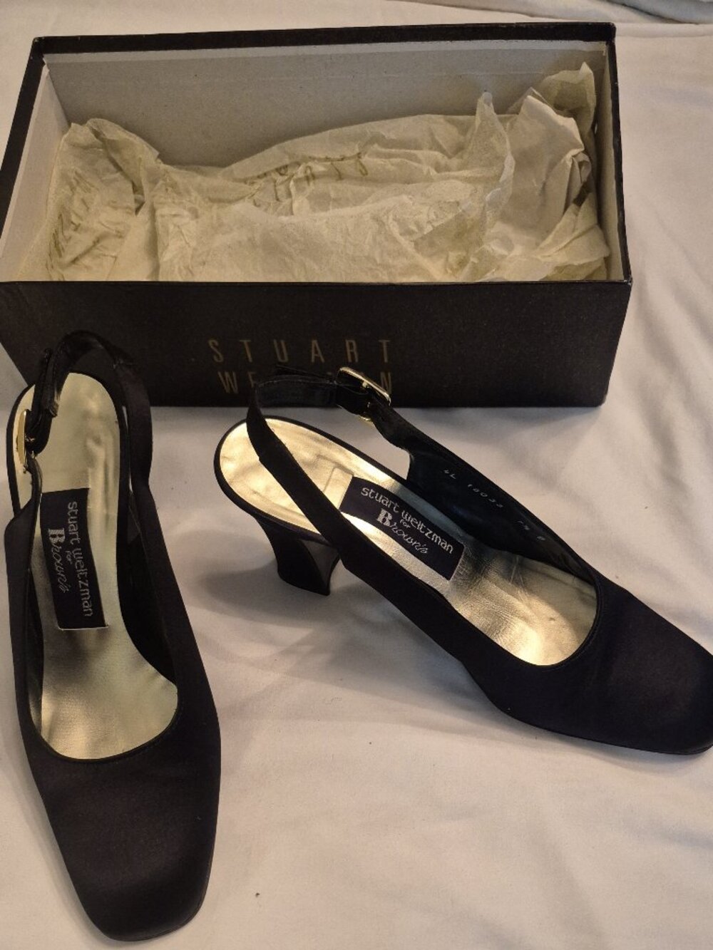 Stuart Weizmann sling back pump, black peau de soie, size 7 1/2